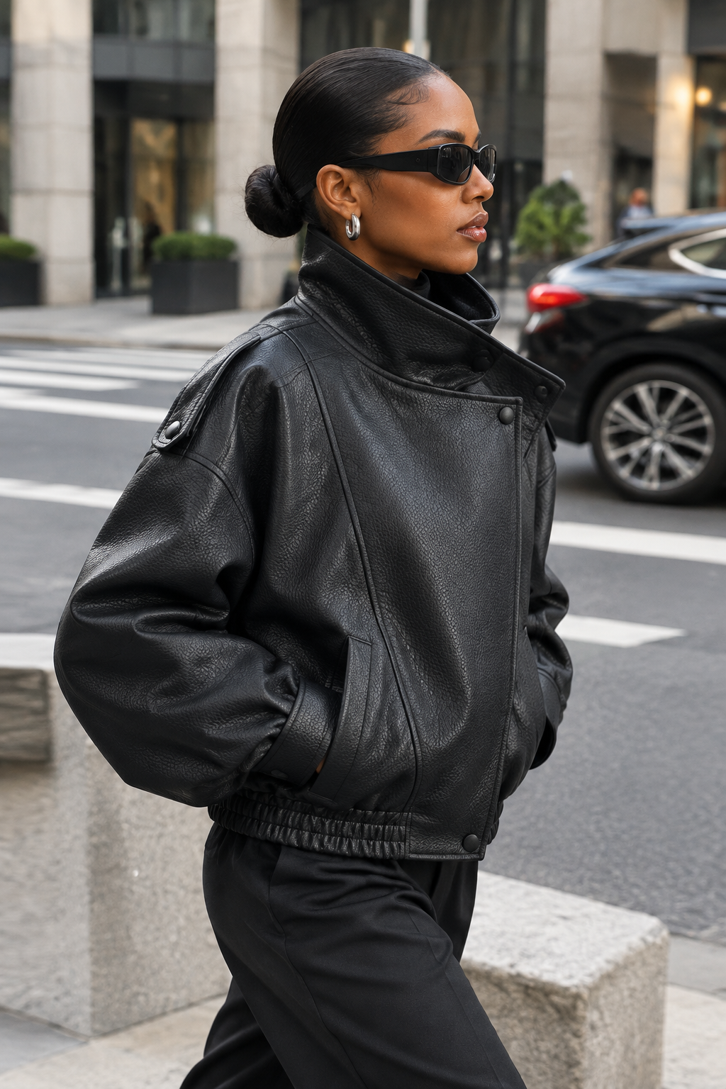 •  A professional model wearing a tailored wardrobe separate layout styling the matte black pebble leather jacket open to showcase a clean day-to-night lifestyle transition.
Black jacket side-profile with polished low bun
