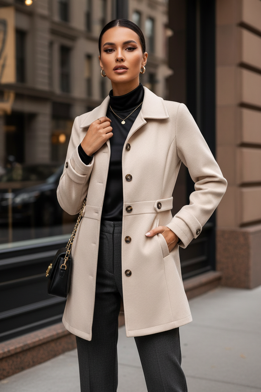 Woman wearing a beige coat in an urban setting