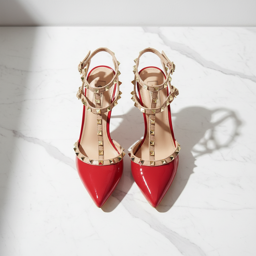 Red high-heeled shoes with gold studded details on a white background