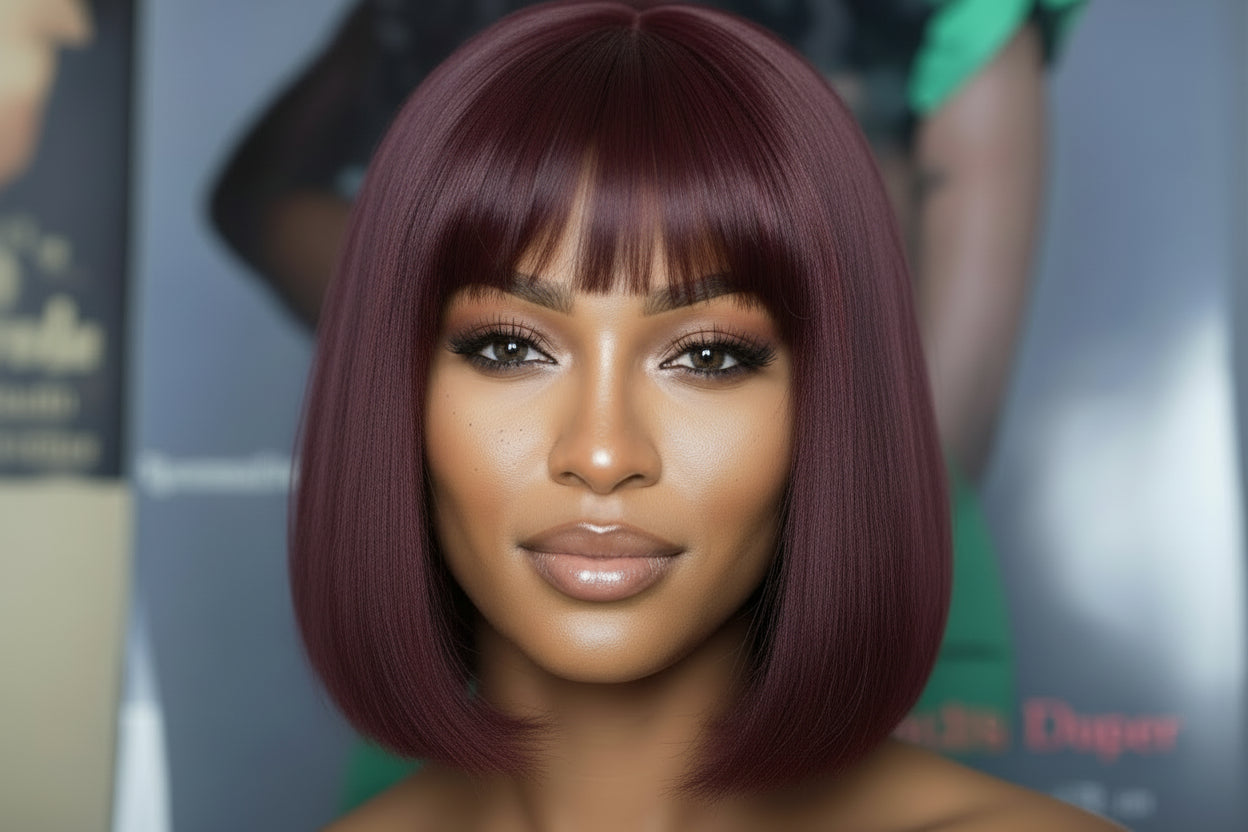 10 Inches Reddish Purple Layered Cut Yaki Straight #99J Lace Bob Wig With Bangs