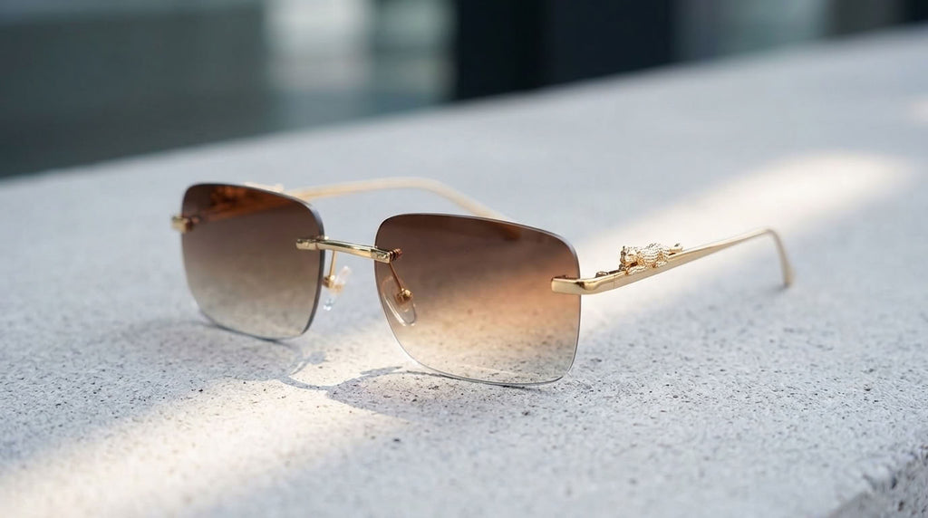 Rimless square sunglasses with gold metal frames and brown gradient lenses, resting on a textured light gray stone surface with soft natural shadows.