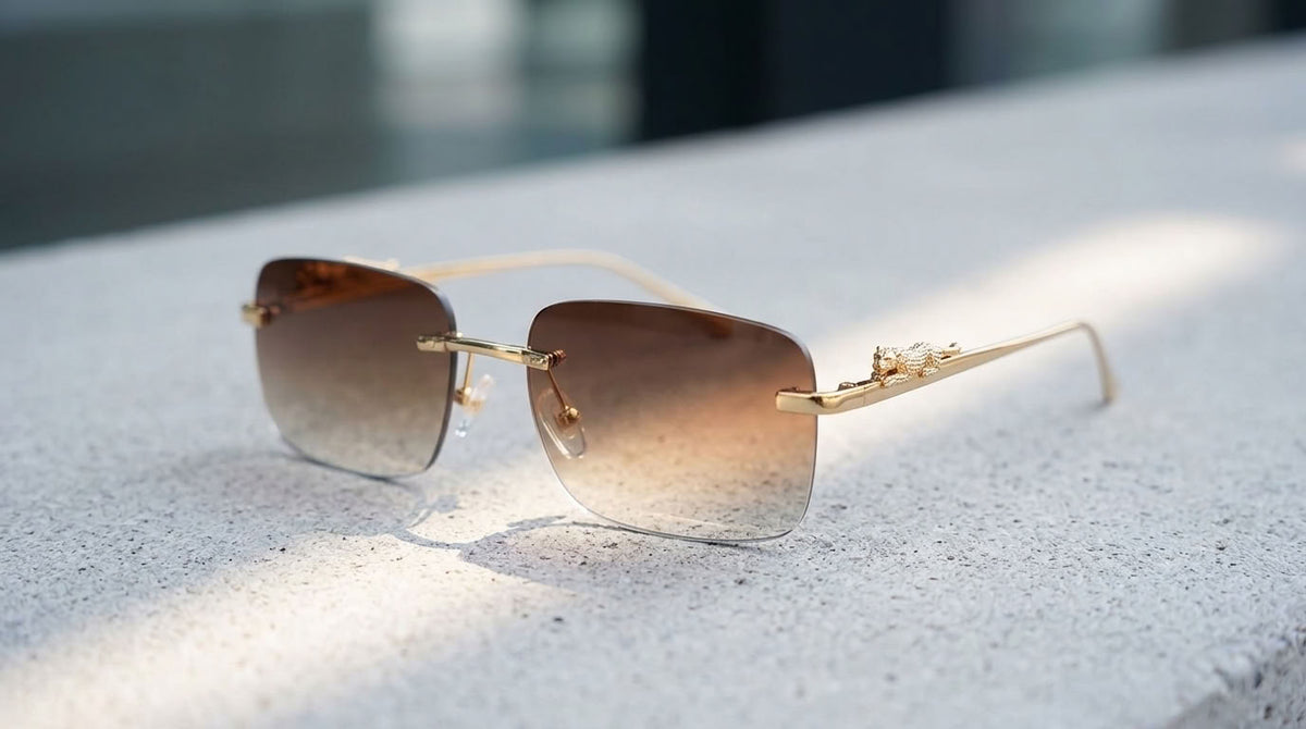 Rimless square sunglasses with gold metal frames and brown gradient lenses, resting on a textured light gray stone surface with soft natural shadows.