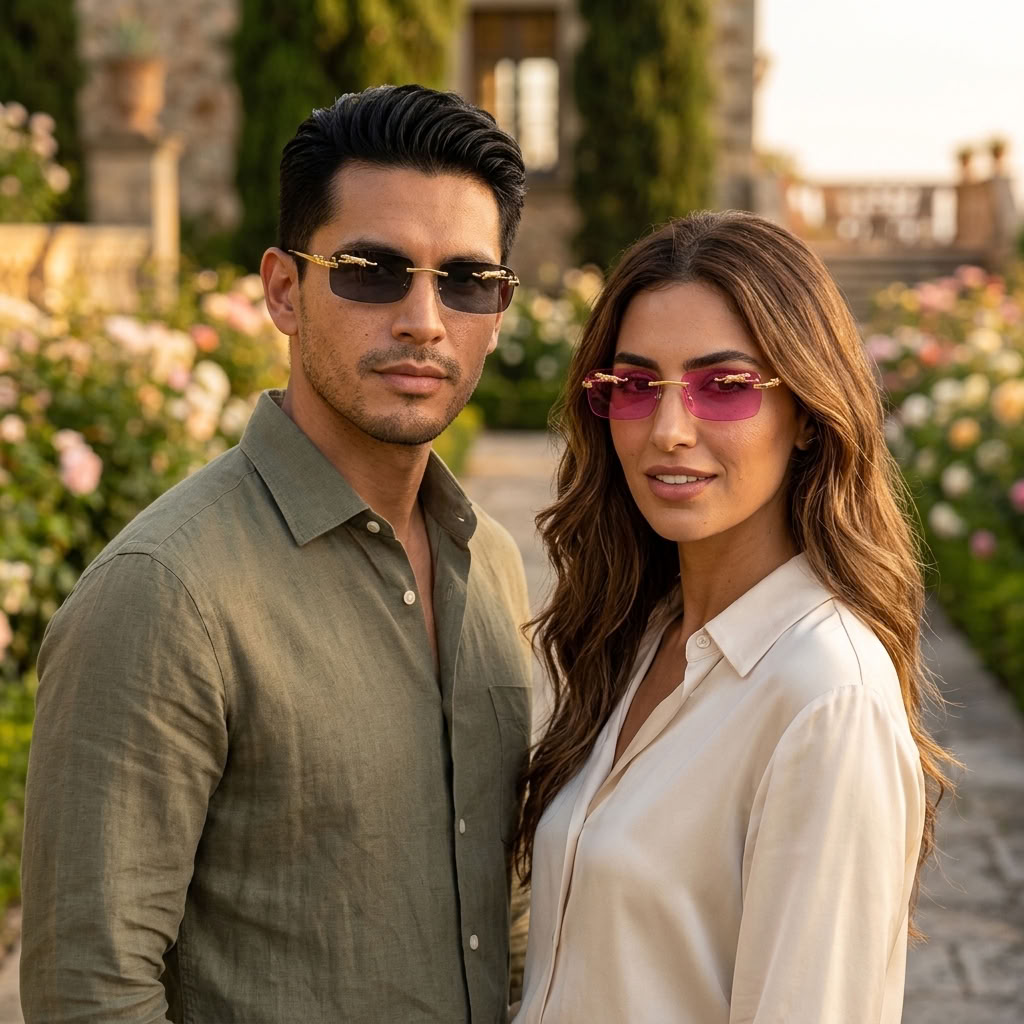 A man and a woman wearing stylish sunglasses in an outdoor garden setting at sunset. The man wears dark-tinted sunglasses with gold-toned metal frames, and the woman wears pink-tinted sunglasses with matching gold frames.
