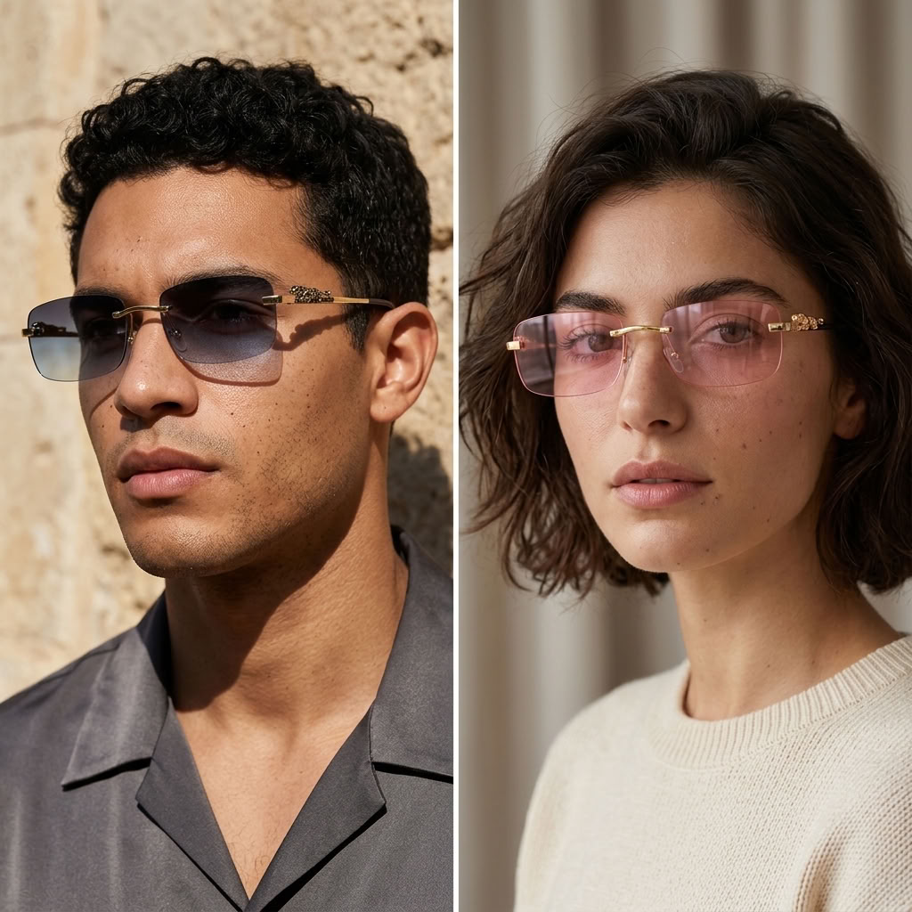 A split-screen lifestyle image showing two models wearing slim gold-framed aviator sunglasses with dark lenses. The left model has short dark hair and wears a gray shirt against a textured beige wall.