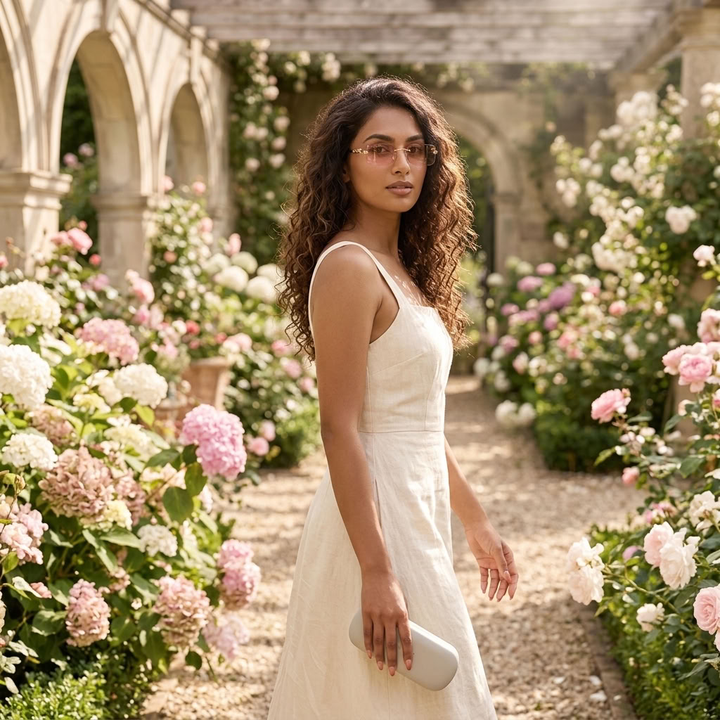 A woman wearing a sleeveless cream-colored dress and sunglasses stands in a sunlit garden pathway lined with pink and white hydrangeas.