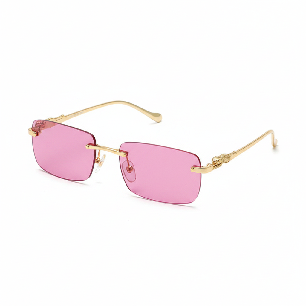 Rimless square sunglasses with pink tinted lenses and gold metal frames, displayed on a clean white background.