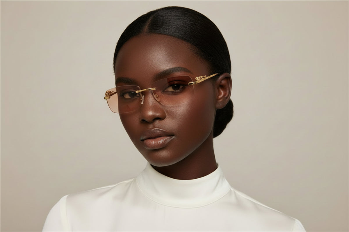 Woman wearing gold-framed glasses against a beige background