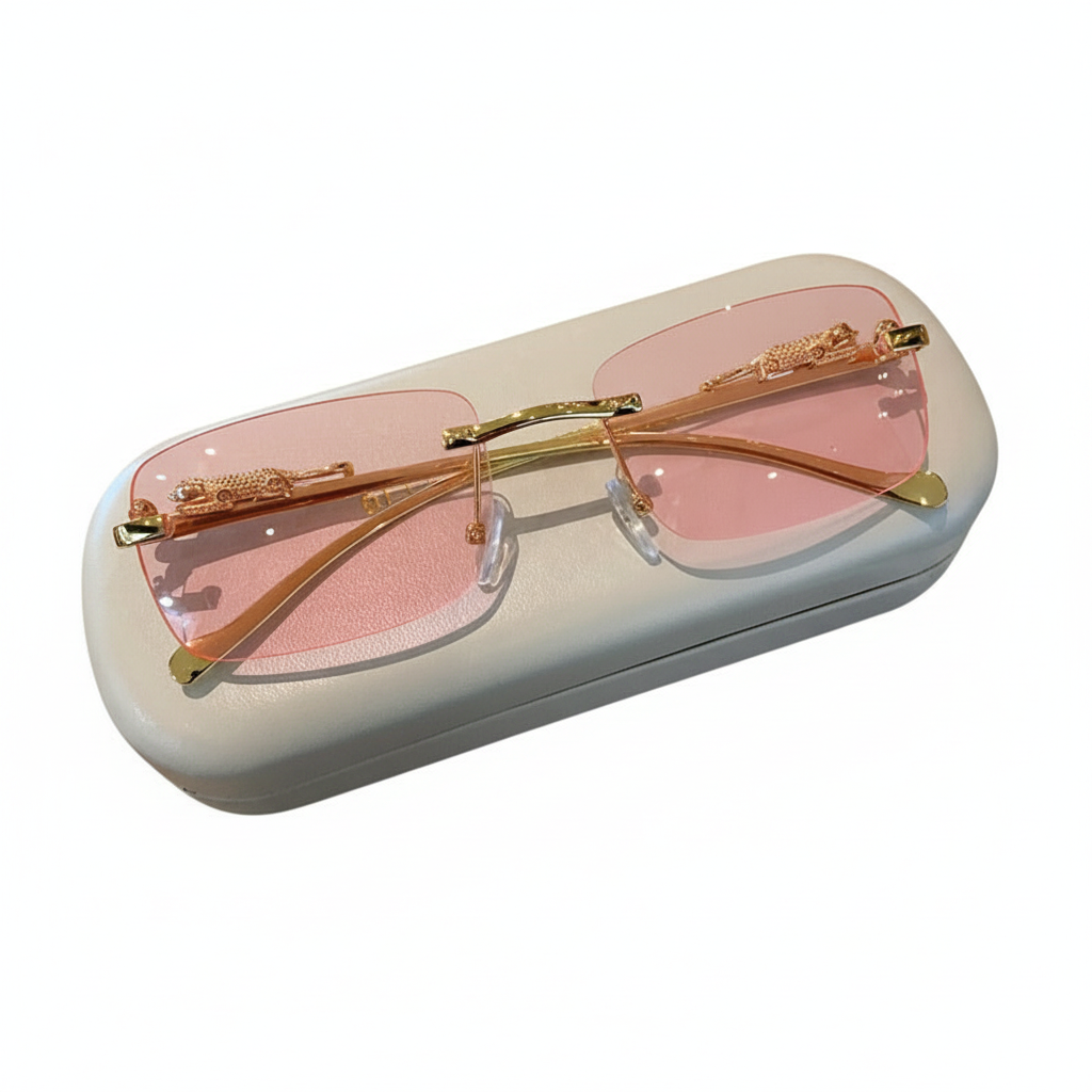 Rimless eyeglasses with pink tinted lenses and gold metal frames, resting on a cream-colored hard case against a white background.