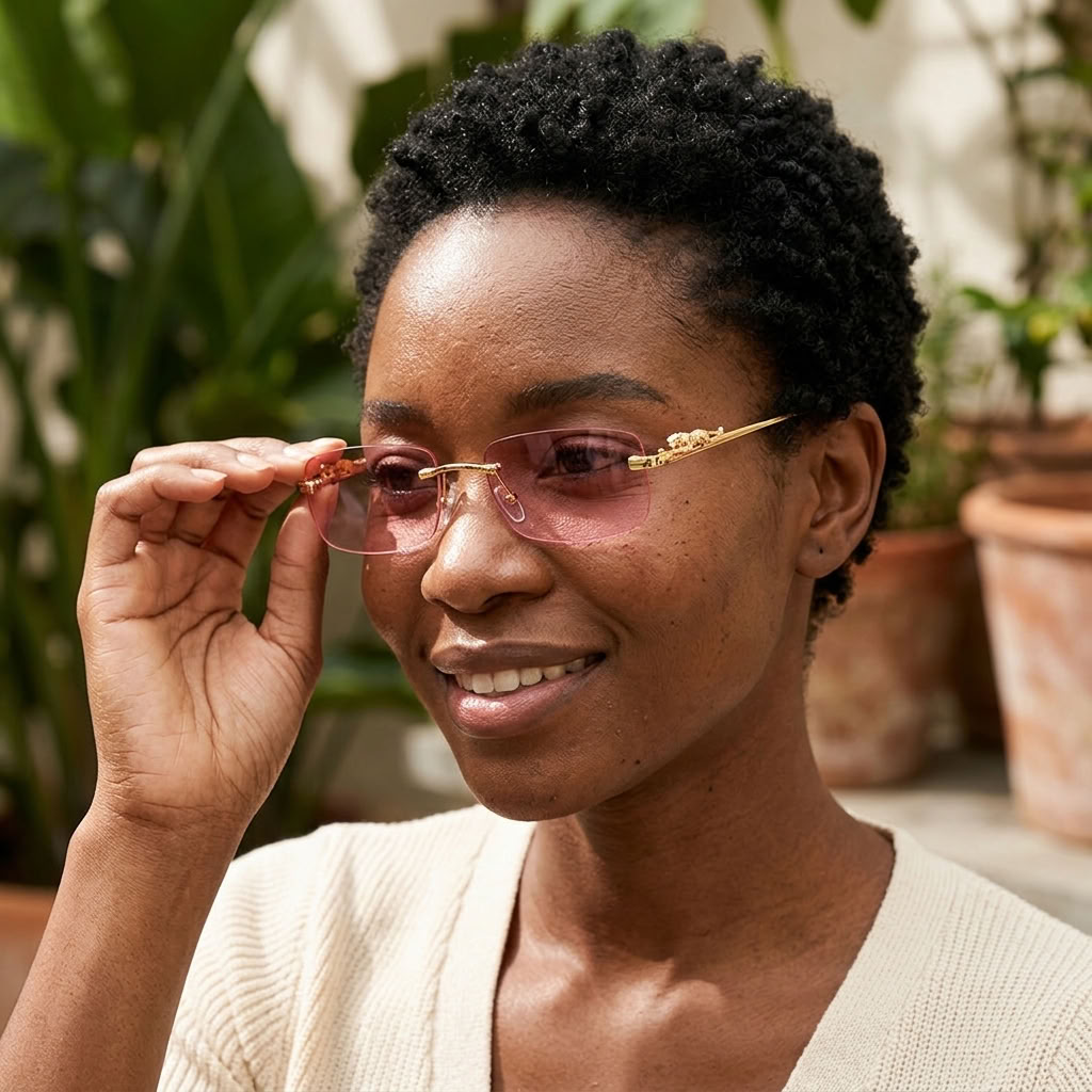 A close-up lifestyle shot of a woman with short curly black hair wearing rimless sunglasses with gold-tone metal frames and pink-tinted lenses, holding one lens with her hand.