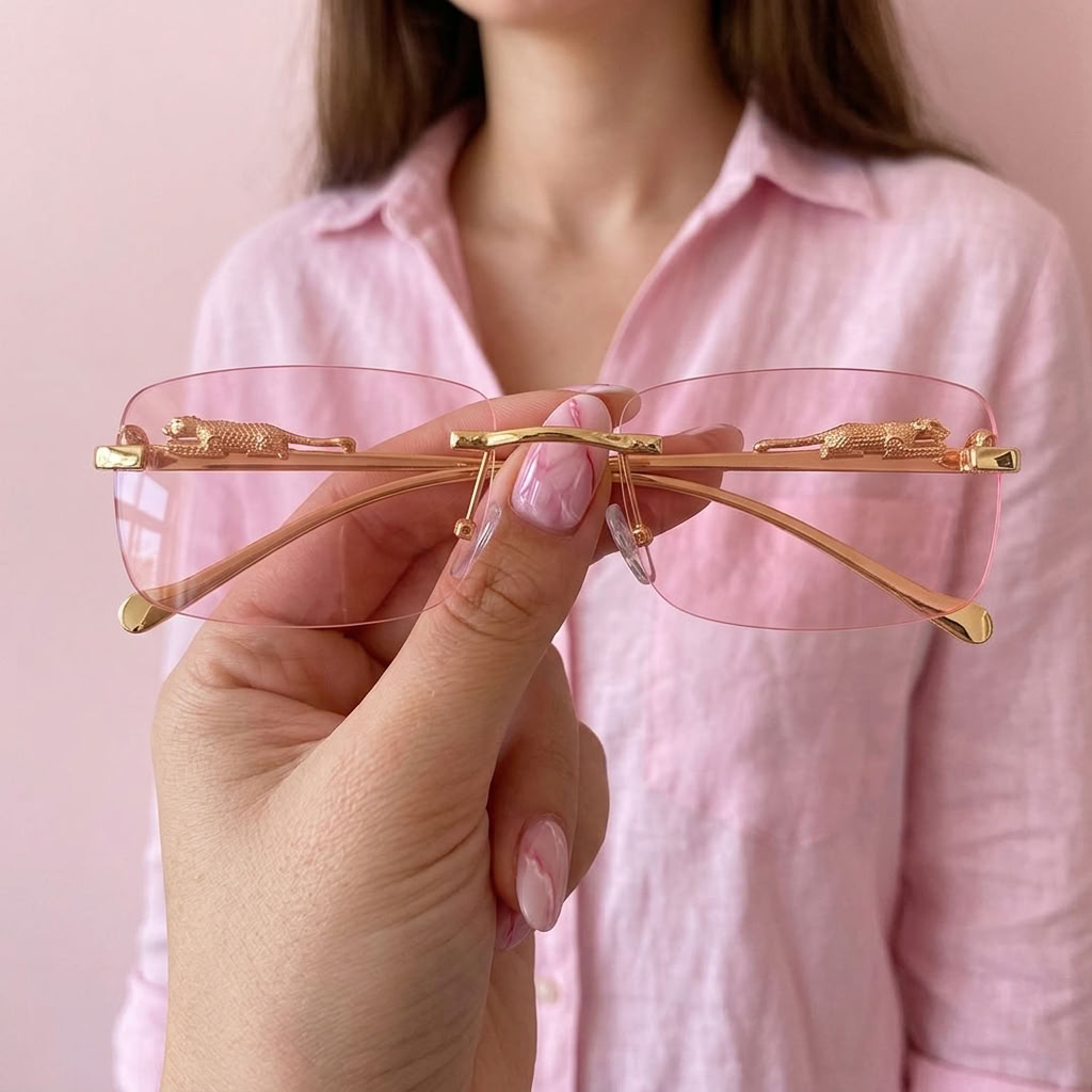 A person in a pink shirt holds a pair of rimless sunglasses with a gold metal frame and pink-tinted lenses. The background is a soft pink wall.