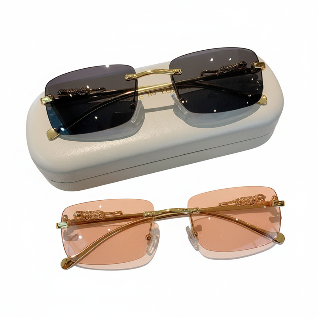 A pair of rimless square sunglasses with gold-tone metal frames and dark lenses, shown above a matching light gray case. Below, the same sunglasses are shown with peach-pink tinted lenses on a white background.