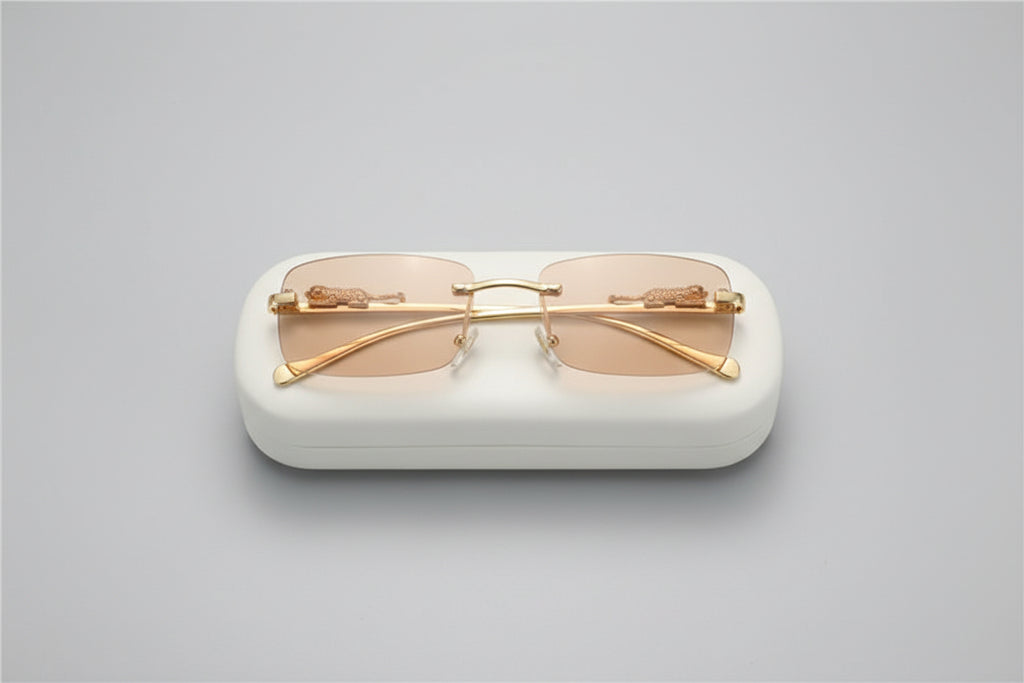 Gold-framed sunglasses in a white case on a light gray background