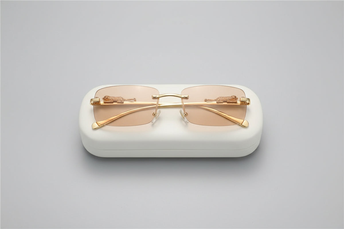 Gold-framed sunglasses in a white case on a light gray background