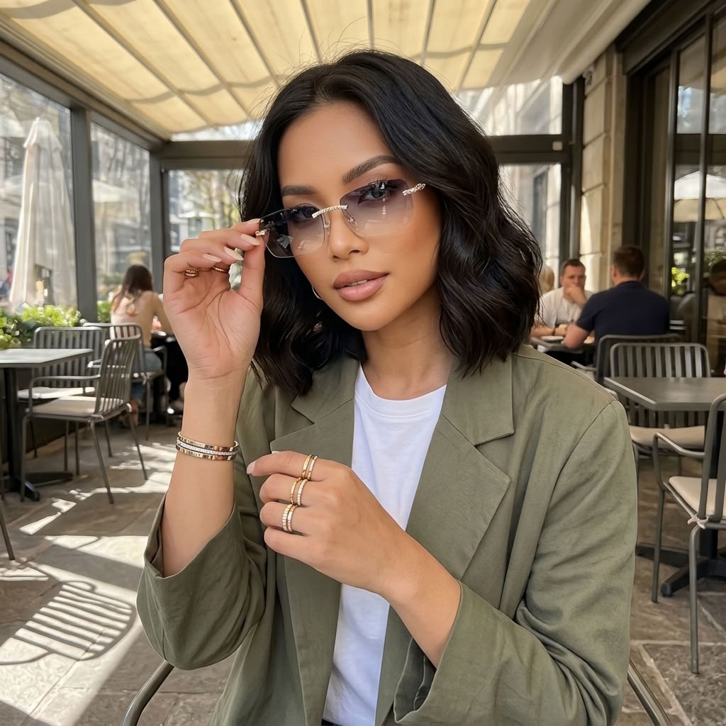 A woman with wavy dark hair sits at an outdoor cafe, wearing semi-transparent square-frame sunglasses with a gold-toned metal frame, an olive green blazer over a white t-shirt, and multiple gold rings.