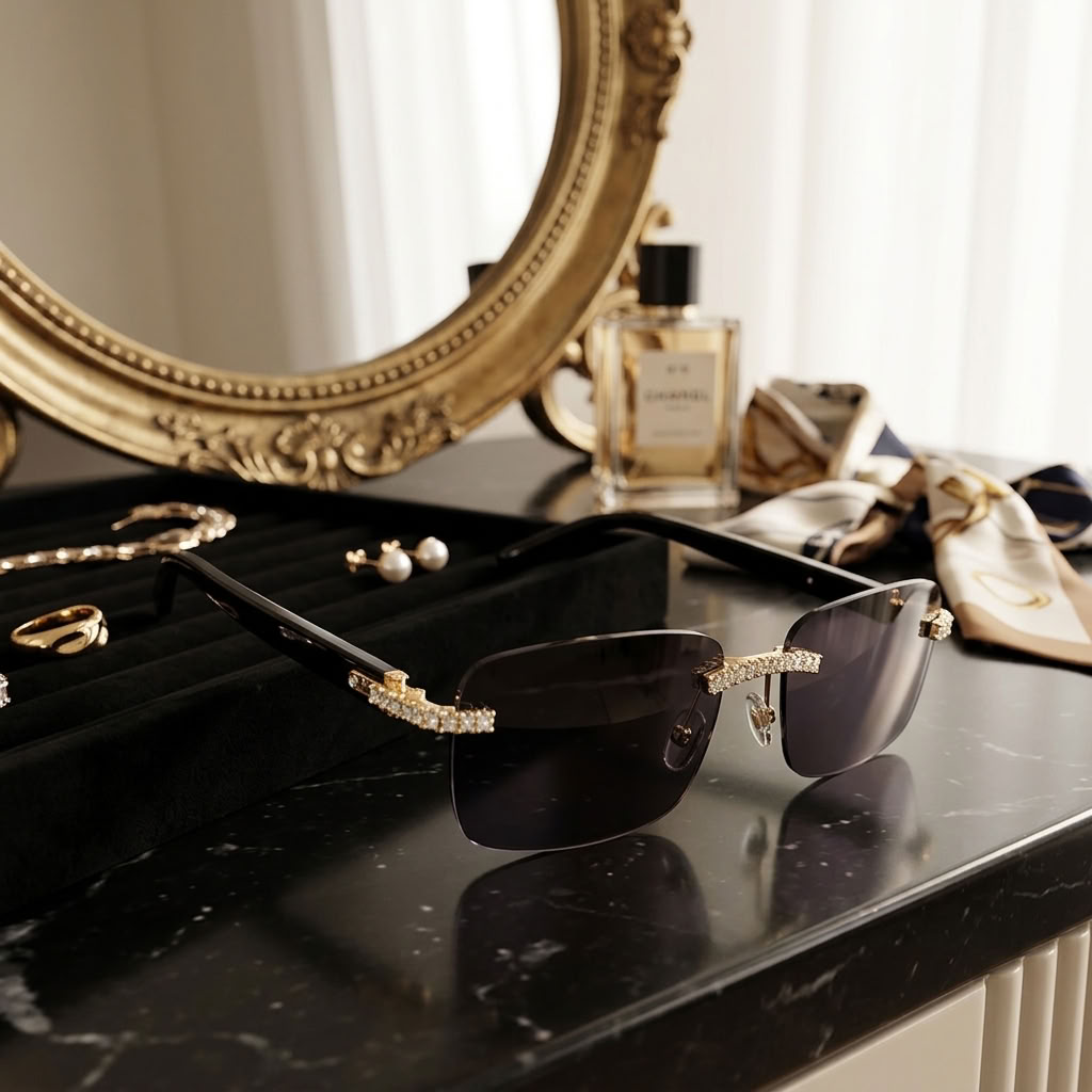 Rimless sunglasses with dark lenses and gold-tone metal frames accented with rhinestones, displayed on a black marble surface next to jewelry and a perfume bottle.