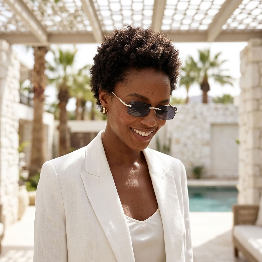A woman with short curly dark hair wearing a white blazer, white top, and gold-framed rimless sunglasses, standing in a sunny outdoor patio setting with a pool and palm trees in the background.
