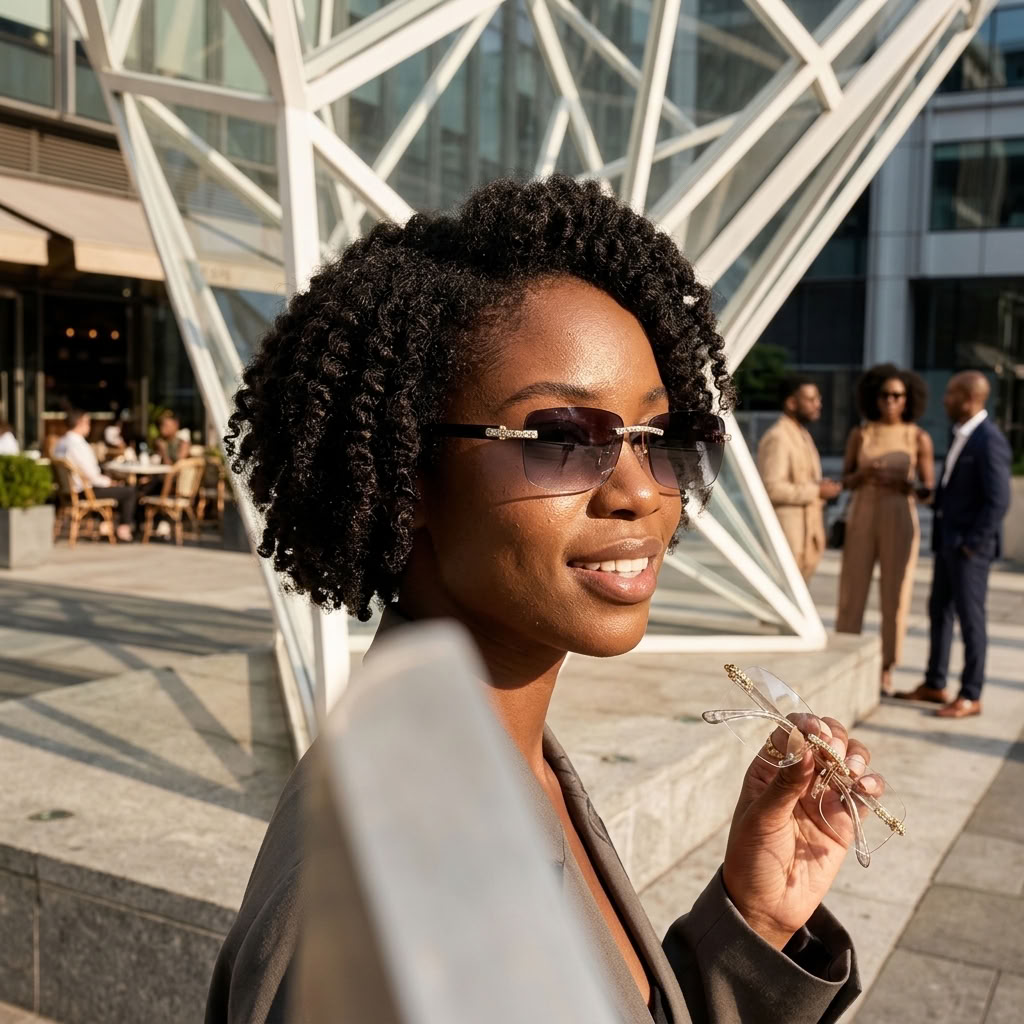 A woman outdoors wearing stylish rectangular sunglasses with a dark frame and holding a pair in her hand, set against a modern architectural background with other people blurred in the distance.