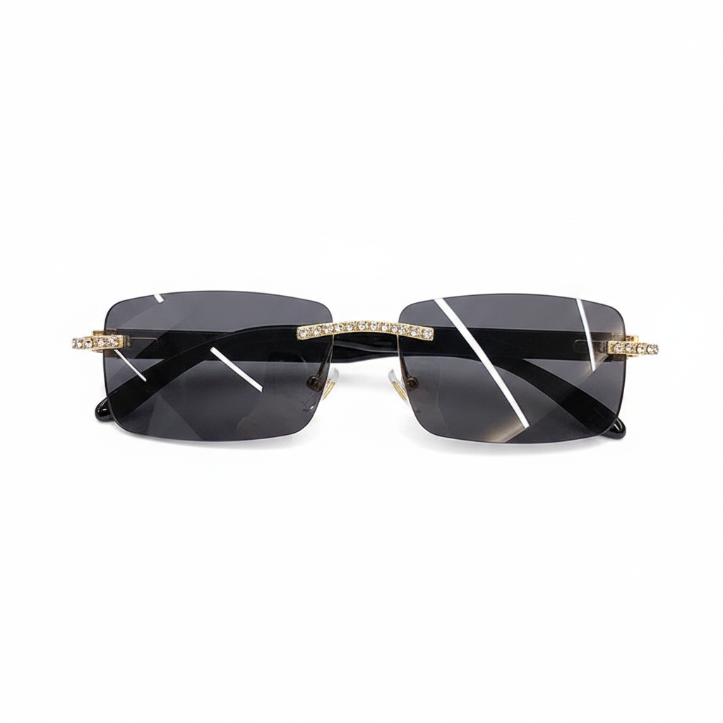 Vintage rimless rectangle sunglasses with a black tint lens and sleek silver alloy frame by The PM Edit.