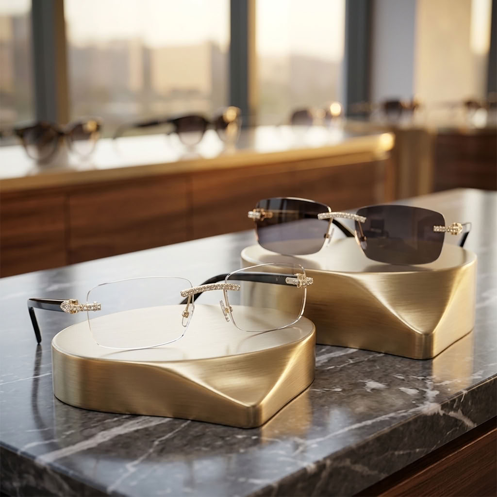 Two rimless eyeglasses displayed on sculptural gold stands on a marble counter, with a softly blurred boutique interior in the background.