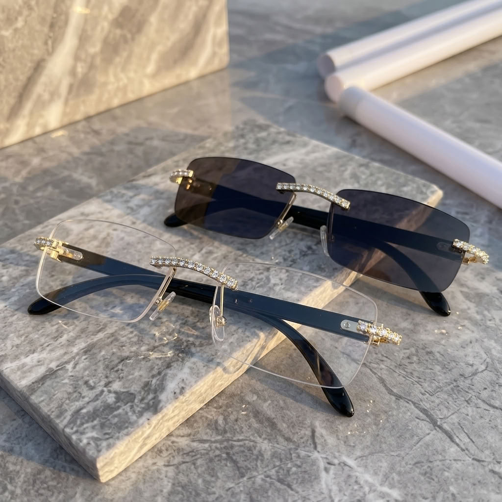 Two rimless sunglasses with rhinestone-accented temples are arranged on a gray marble surface. One pair has dark tinted lenses and one has clear lenses, both with black temples and gold-tone hardware.