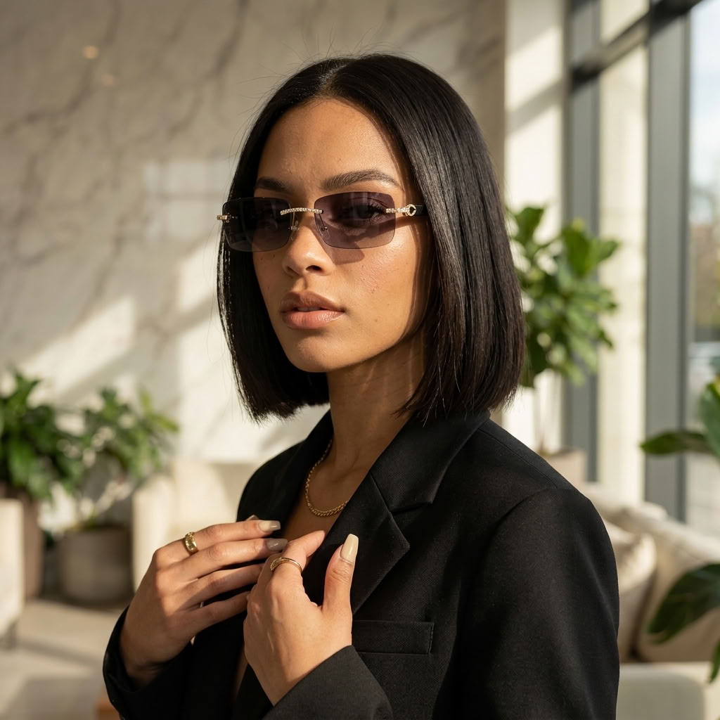 A woman with a straight black bob haircut wears thin metal-framed sunglasses with gold-toned rims and dark lenses, paired with a black blazer and gold jewelry, in a bright, modern indoor setting with marble walls and potted plants.