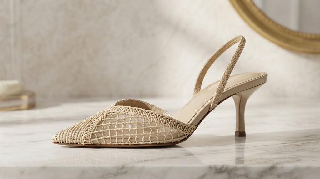 A single beige slingback high-heel shoe with a textured woven upper, displayed on a white marble surface with a warm, softly lit background.