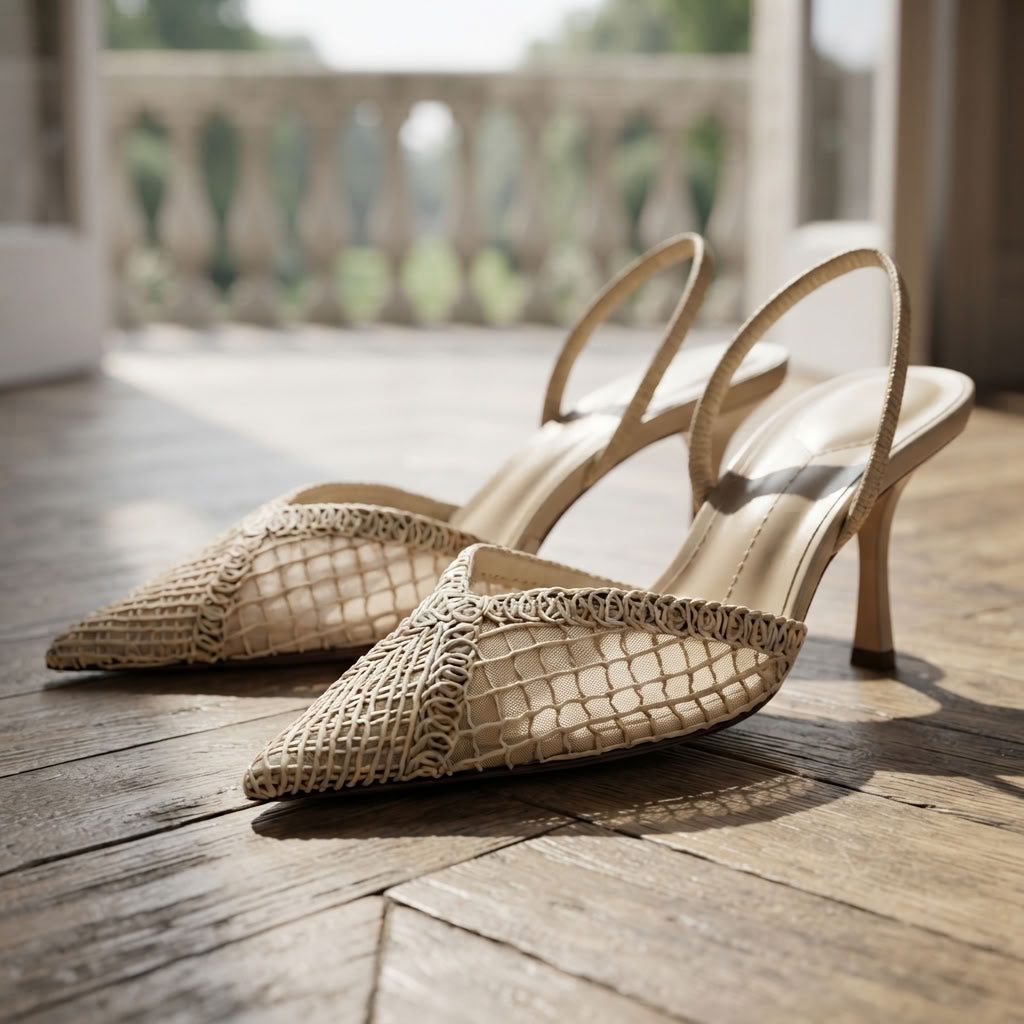 A pair of beige slingback kitten heel pumps with a woven basket-texture toe cap, displayed on a rustic wooden floor with a blurred balcony background.