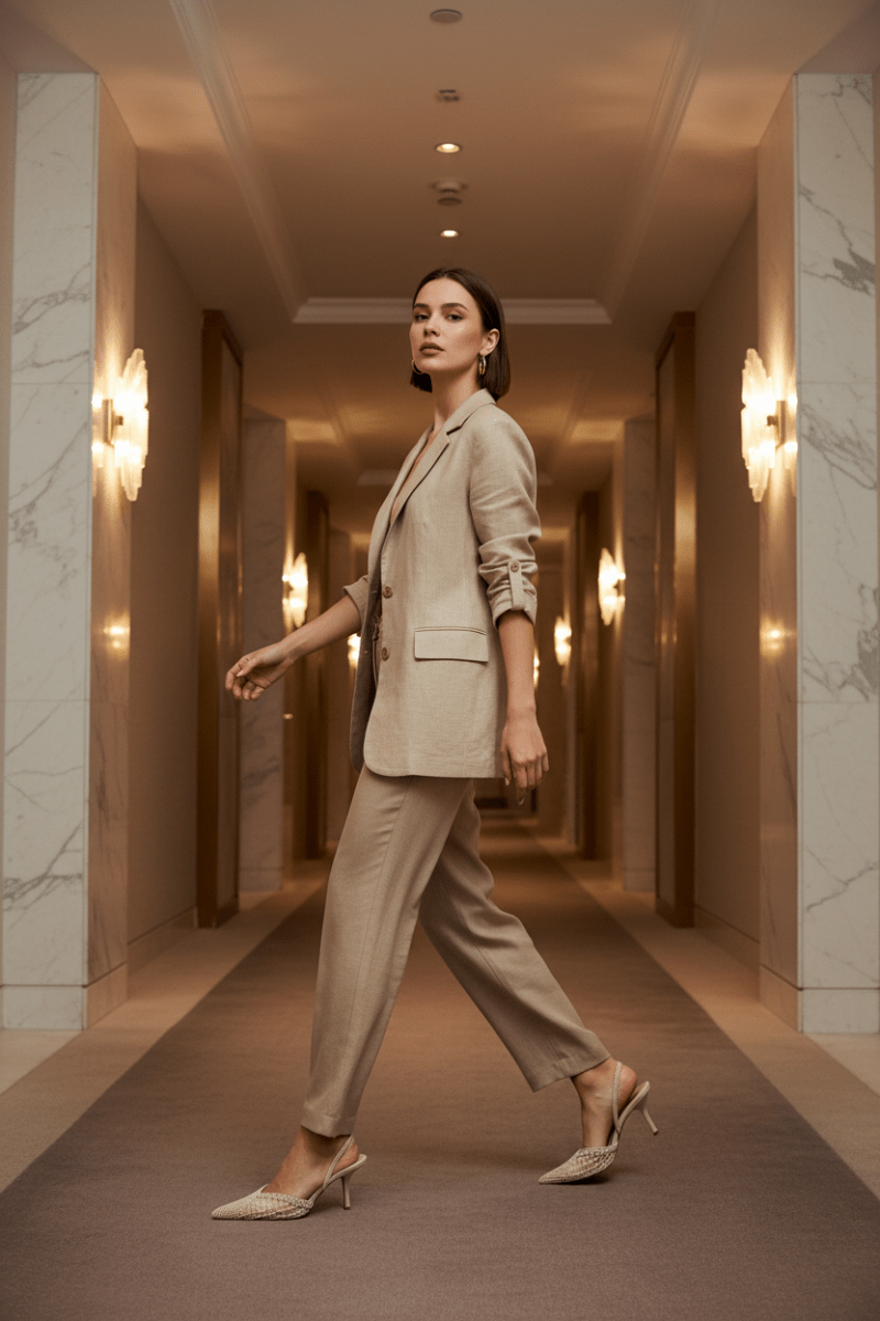 Woman in a beige suit walking down a hallway with marble walls and lights.