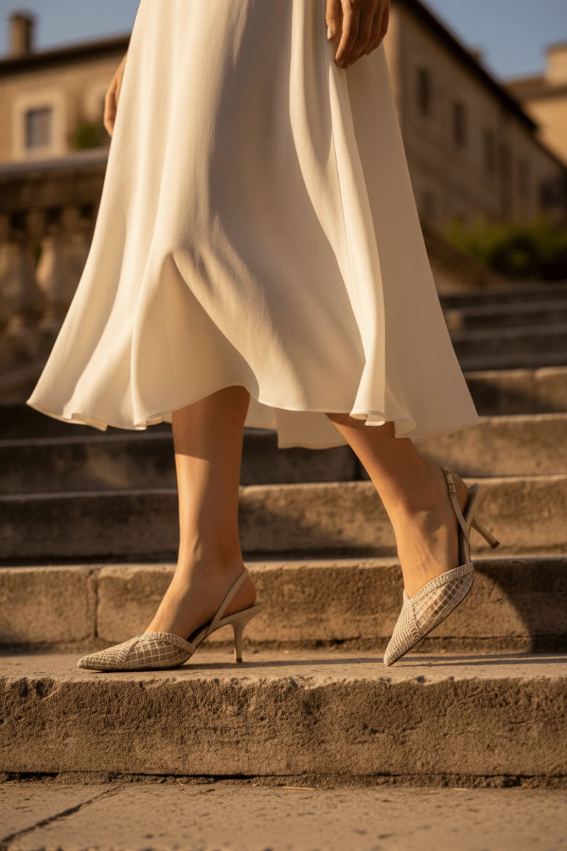 Person wearing a white dress and patterned shoes on stone steps with a blurred background