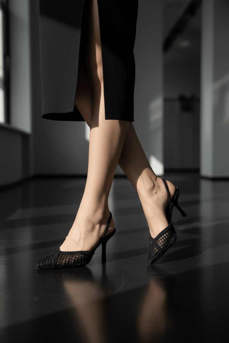 Black high-heeled shoes worn with a black skirt on a dark floor.