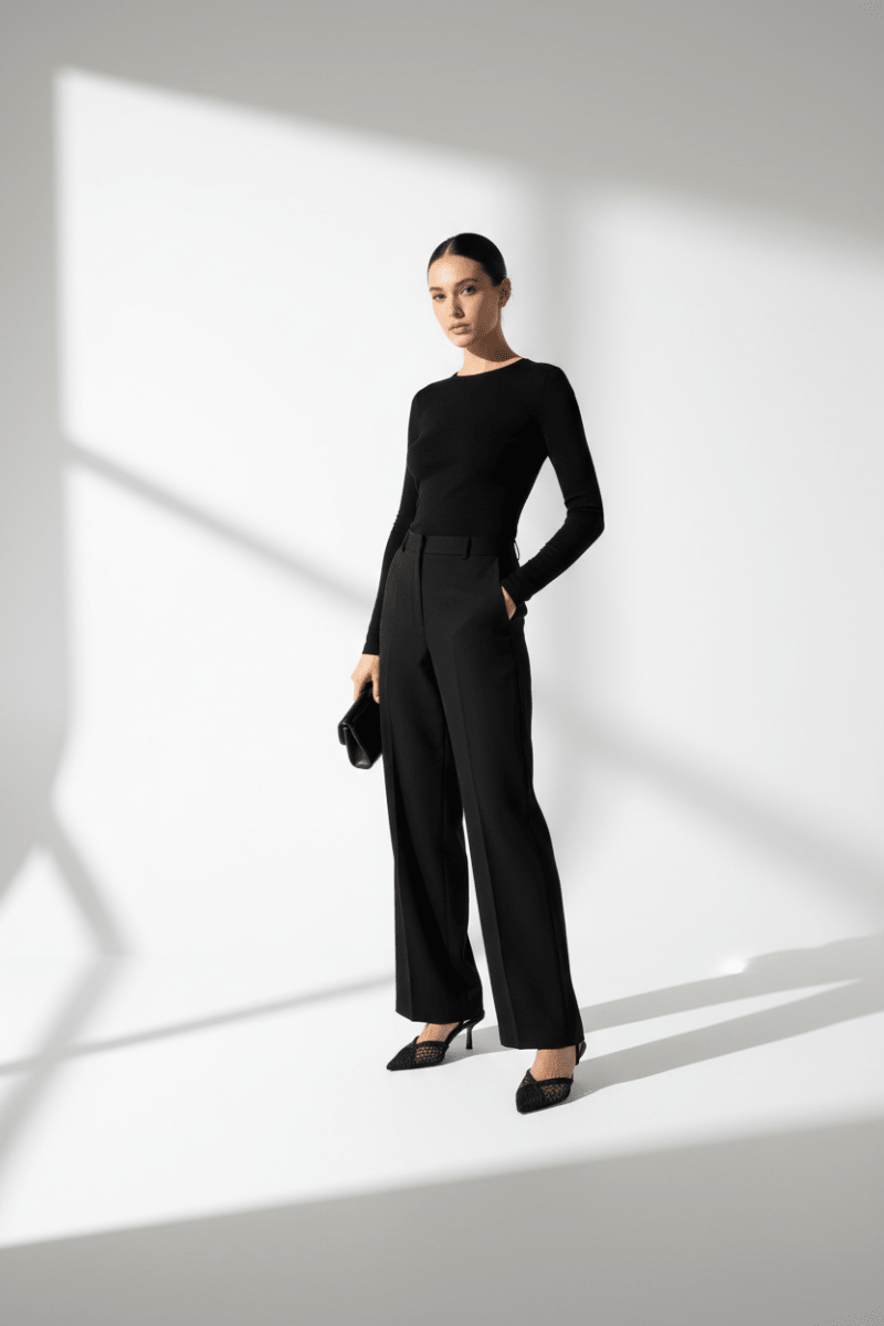 Woman wearing a black outfit standing in a well-lit room with shadows on the wall.
