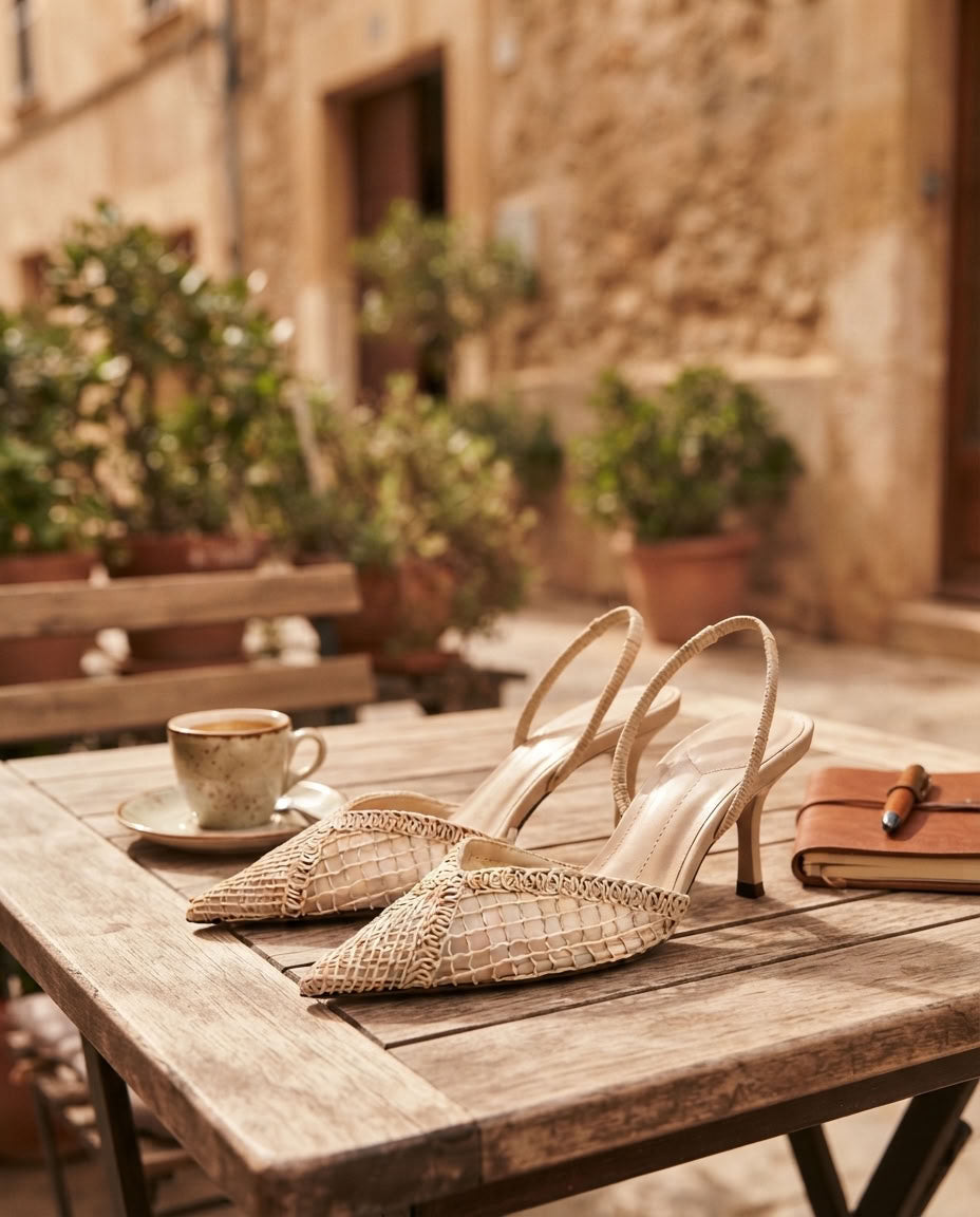 A pair of beige pointed-toe slingback heels with a woven reptile-embossed pattern, displayed on a rustic wooden table in an outdoor patio setting with a coffee cup and a leather notebook nearby.