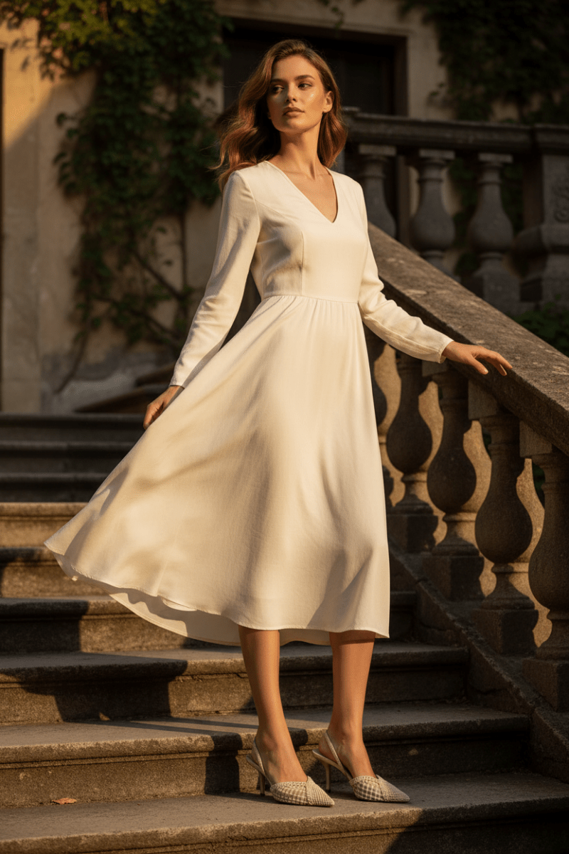 Woman in a white dress standing on stone steps outdoors