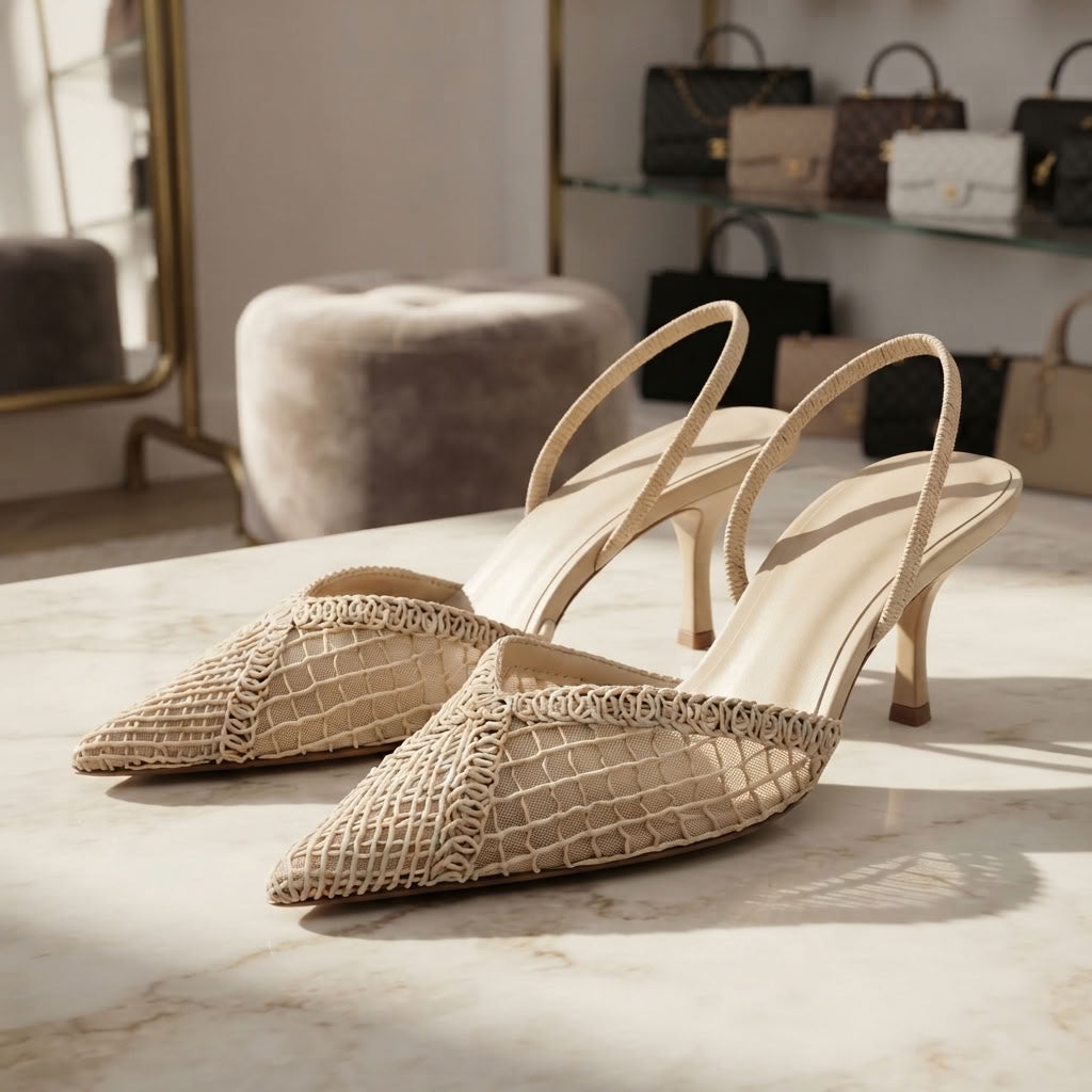 A pair of beige pointed-toe slingback heels with a woven textured upper and slim kitten heels, displayed on a marble surface in a boutique setting.