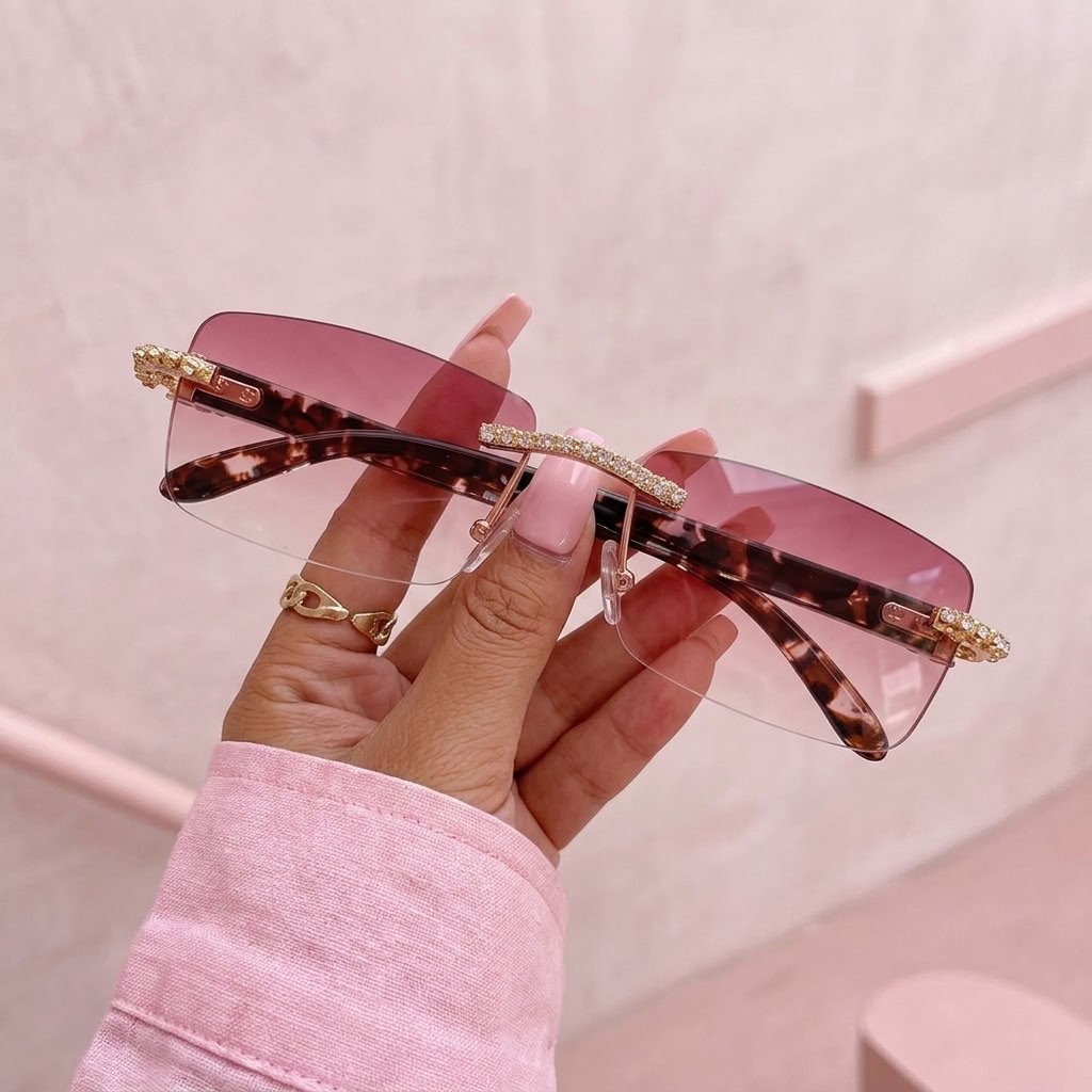 A hand wearing a pink long-sleeve shirt holds a pair of rimless square sunglasses with a tortoiseshell pattern, gold metal frames, and rhinestone embellishments on the bridge and temples.