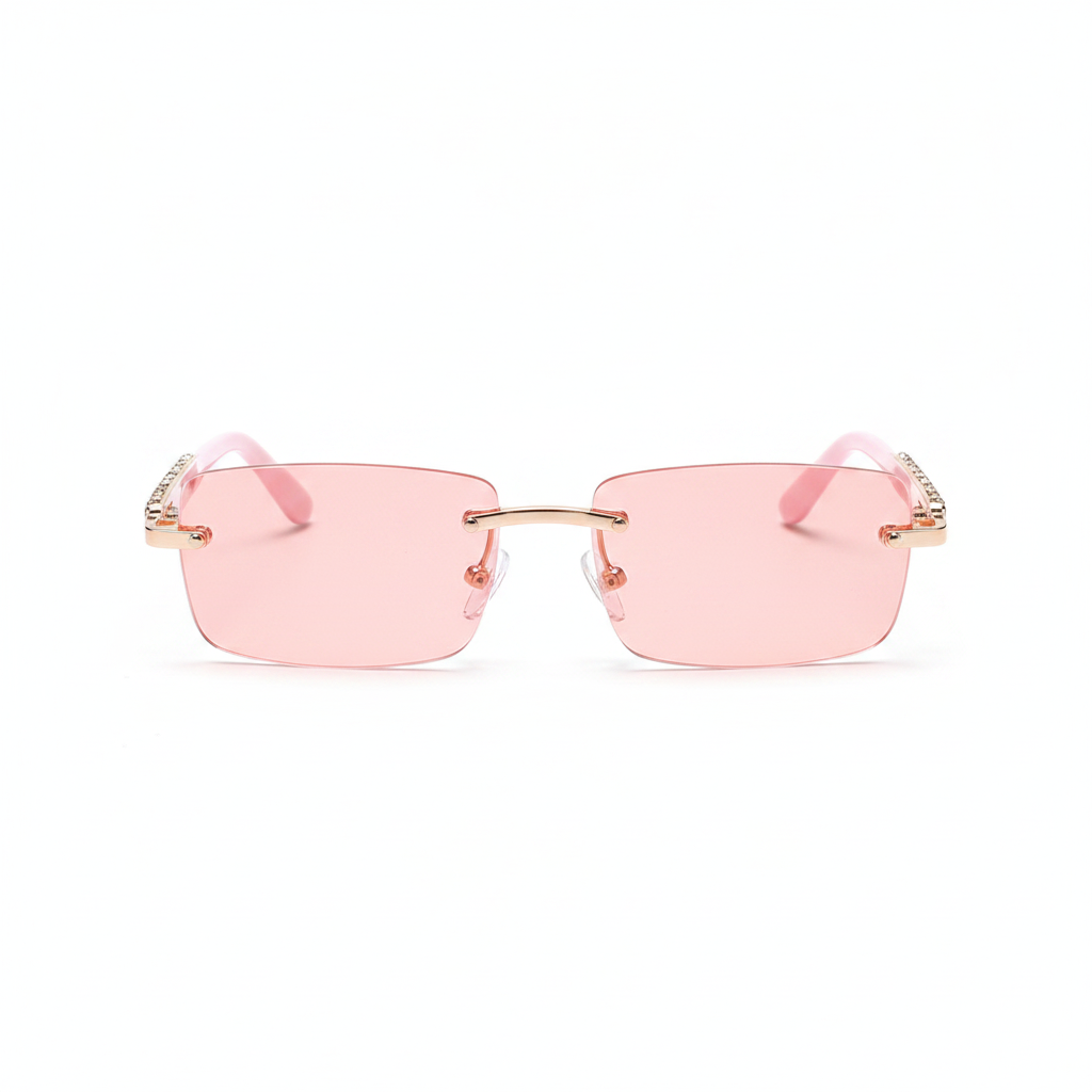 Rimless square sunglasses with light pink tinted lenses, a thin rose gold metal bridge, and decorative crystal embellishments on the temples, shown against a plain white background.