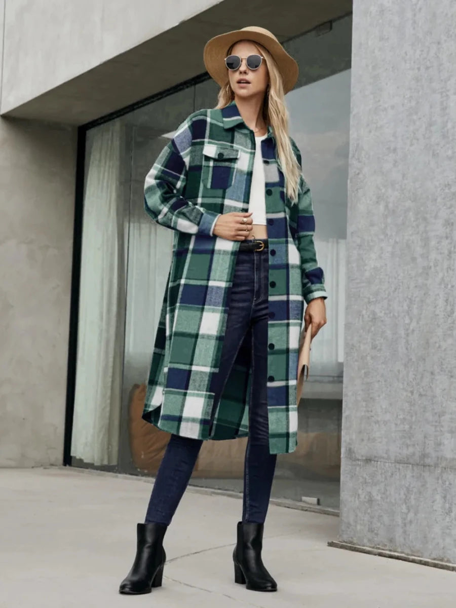 Plaid Pocketed Button Up Trench Coat - The PM Edit