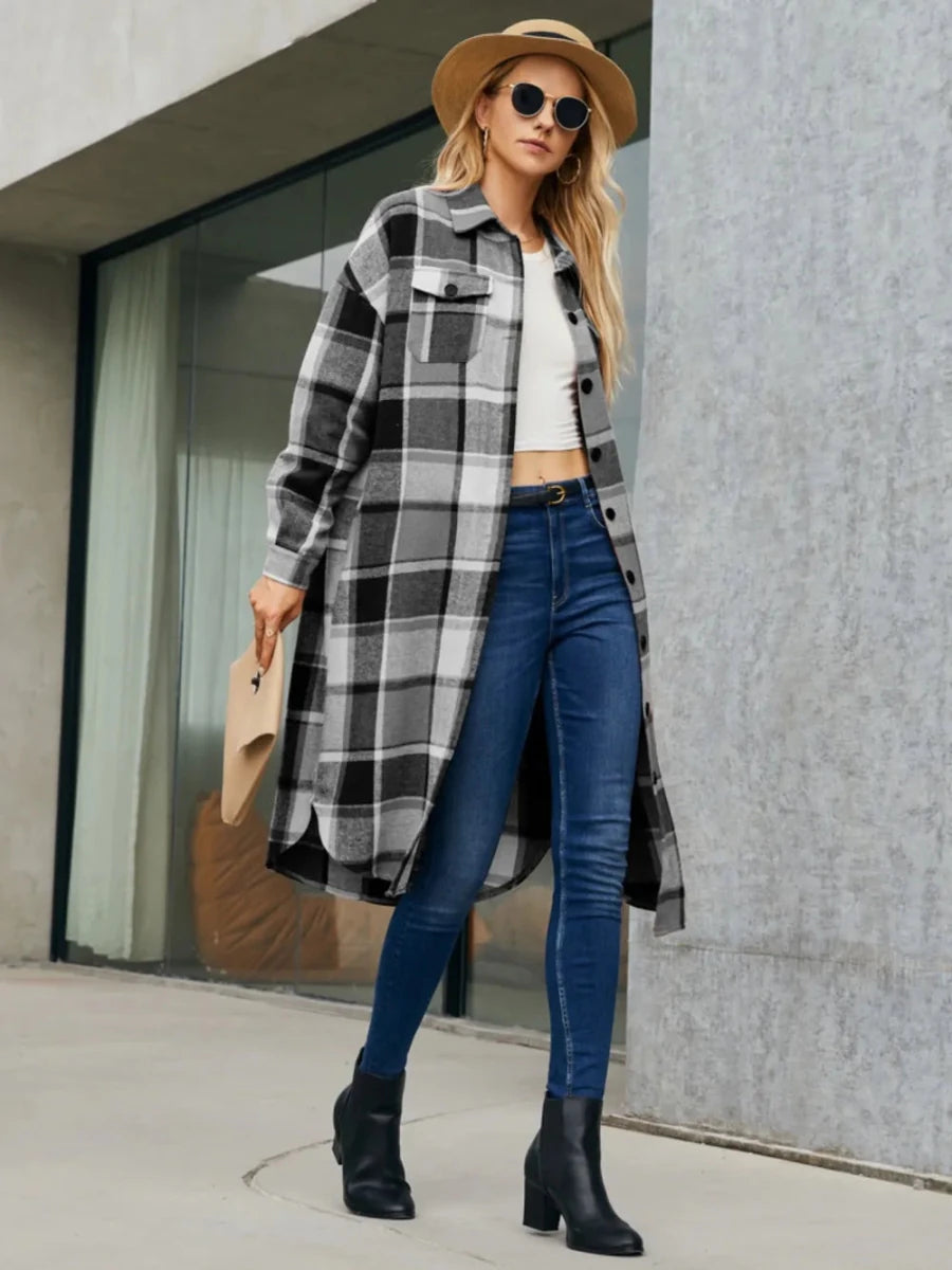 Plaid Pocketed Button Up Trench Coat - The PM Edit
