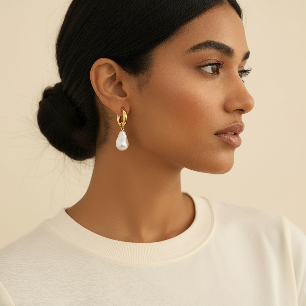 Baroque Pearl Huggie Earrings - South Asian Model