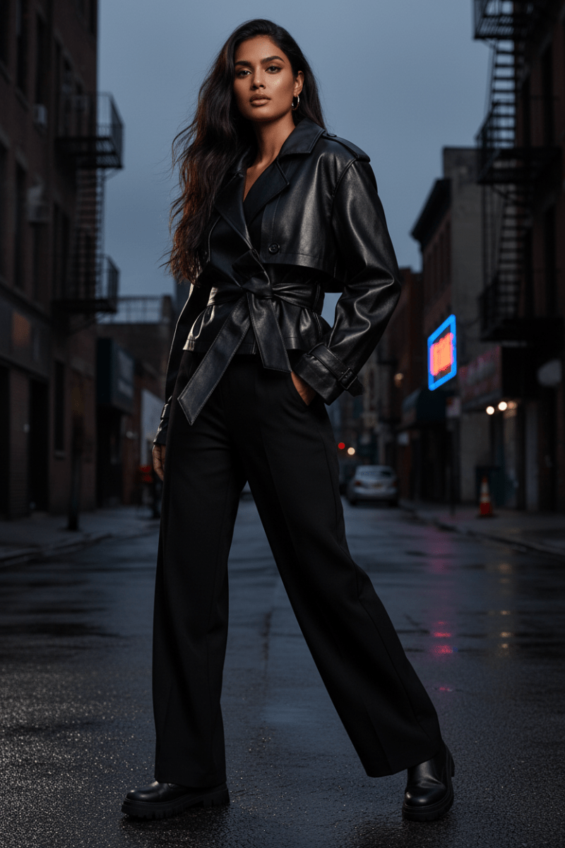 Double-Breasted Belted Faux Leather Jacket - The PM Edit