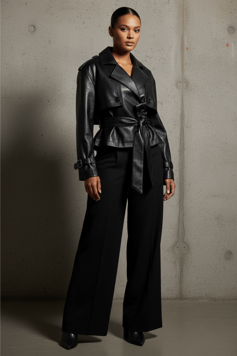 Double-Breasted Belted Faux Leather Jacket - The PM Edit