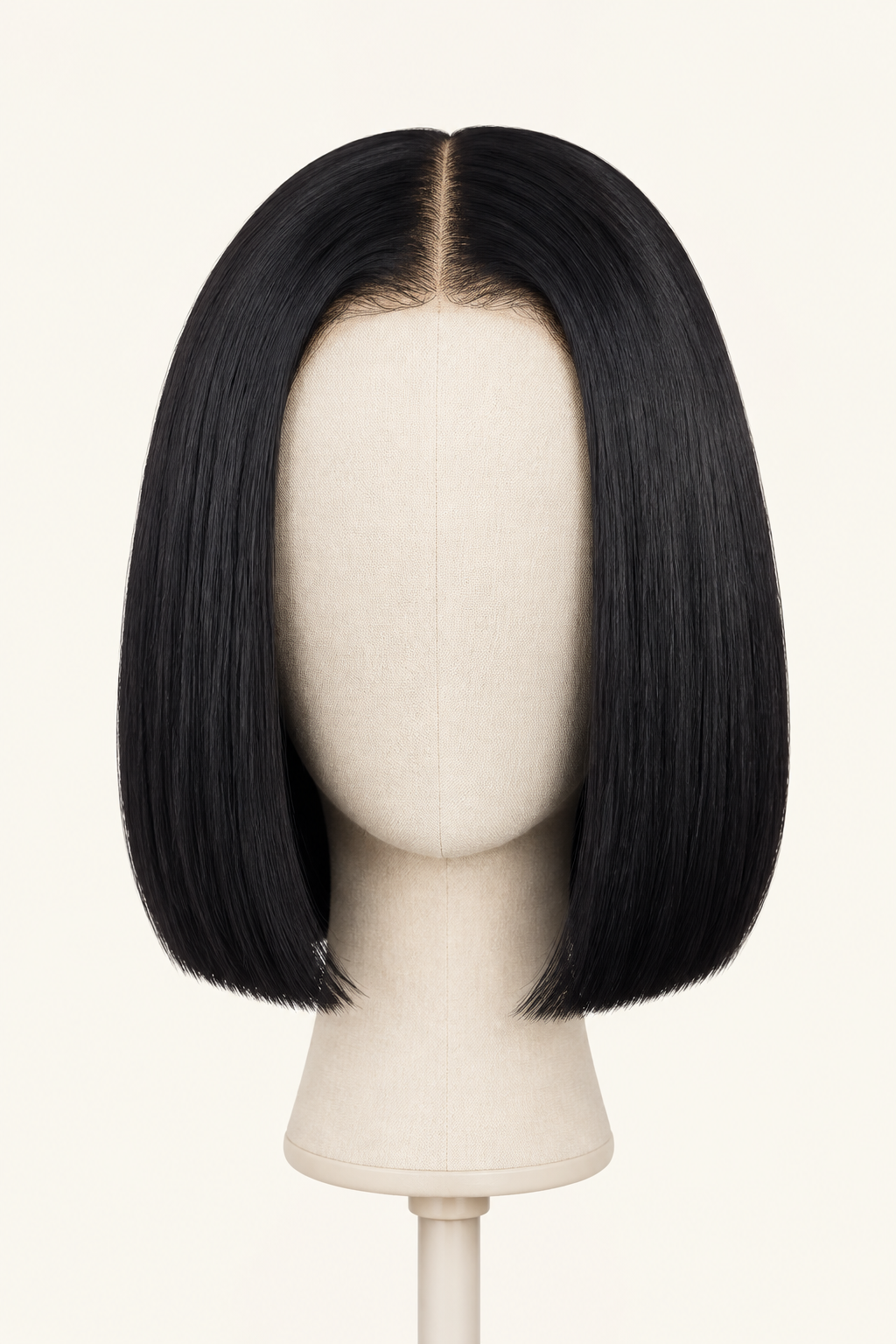 Black bob front view on neutral wig stand