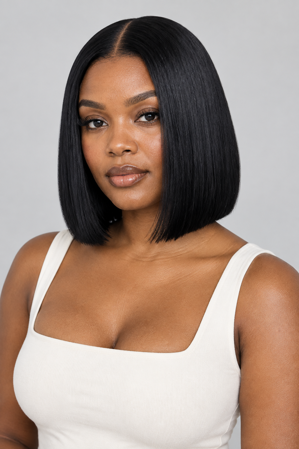 Black center-part short bob on real model