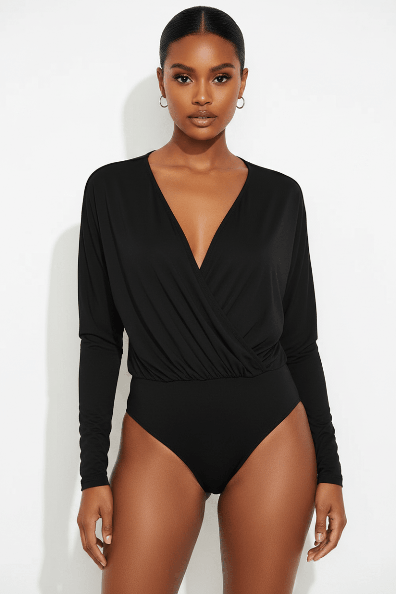 Surplice Long Sleeve Bodysuit | Wrap Neckline Stretch Fit - The PM Edit