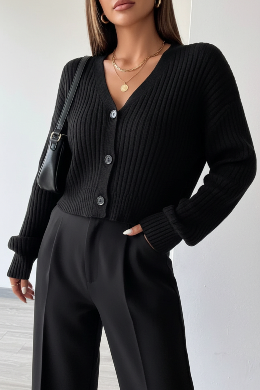 Black Ribbed Cardigan - Trousers