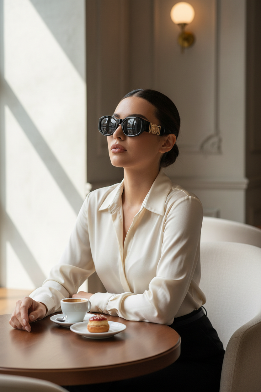 Black sunglasses on East Asian woman