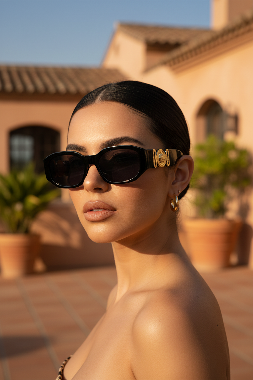 Black sunglasses on Latina woman