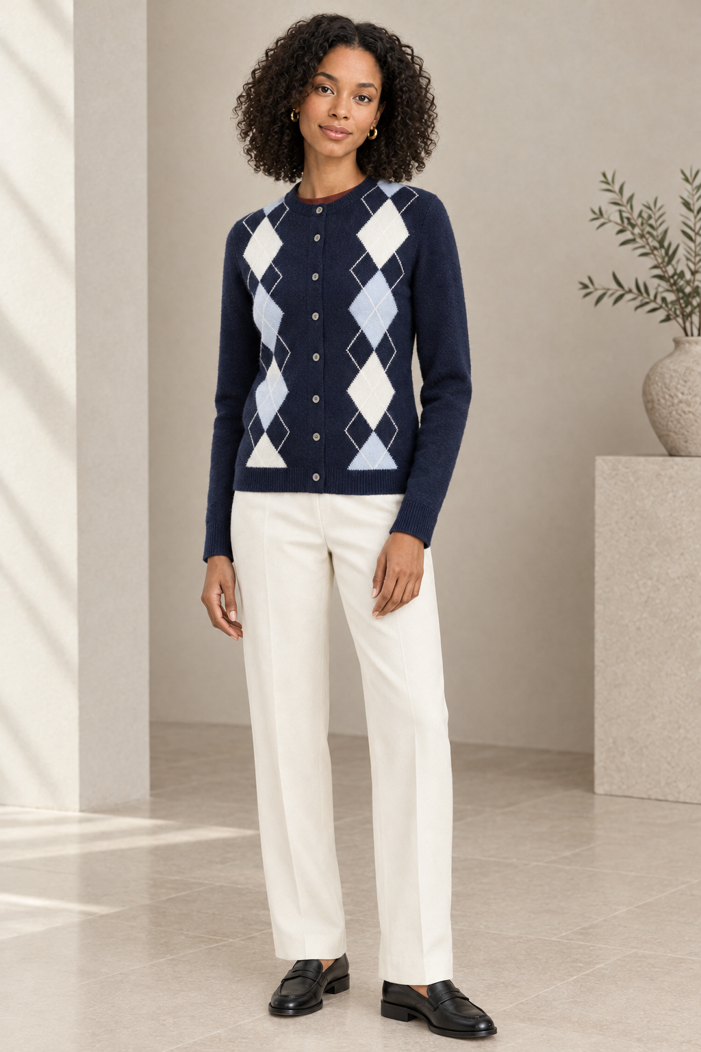 Blue Argyle Cardigan — Close-up
