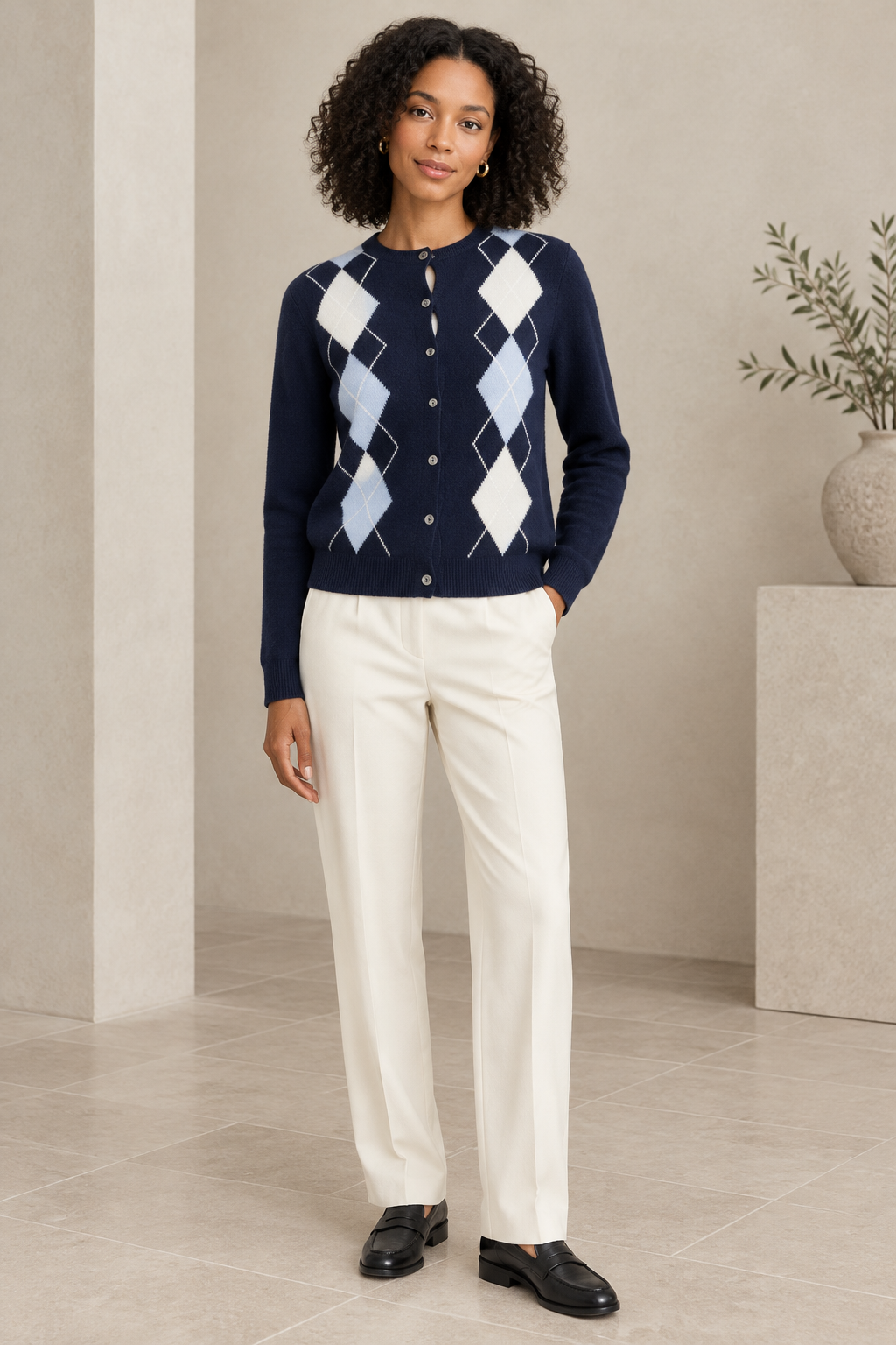 Blue Argyle Cardigan — Full Body