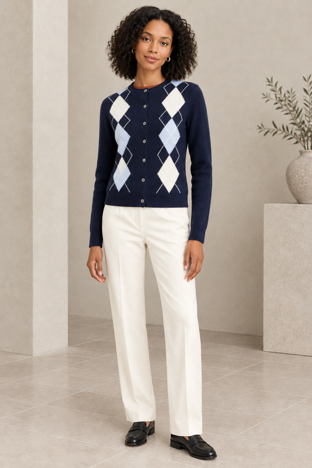 Blue Argyle Cardigan — Three-quarter